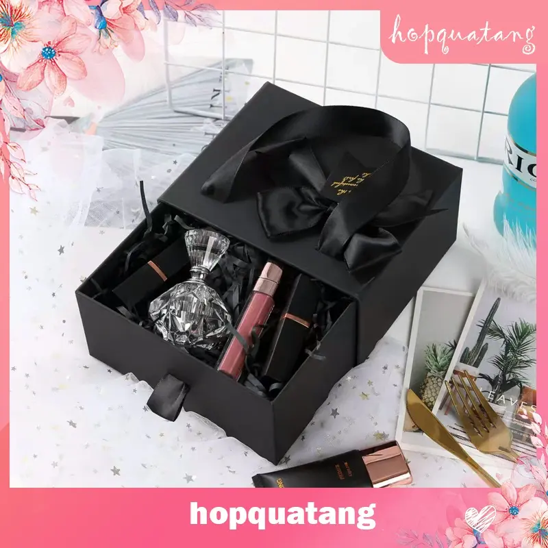 Hộp Quà Sinh Nhật Hộp Đựng Quà Tặng Màu Đen Gắn Nơ Có Quai Xách Cứng Cáp Sang Trọng 4