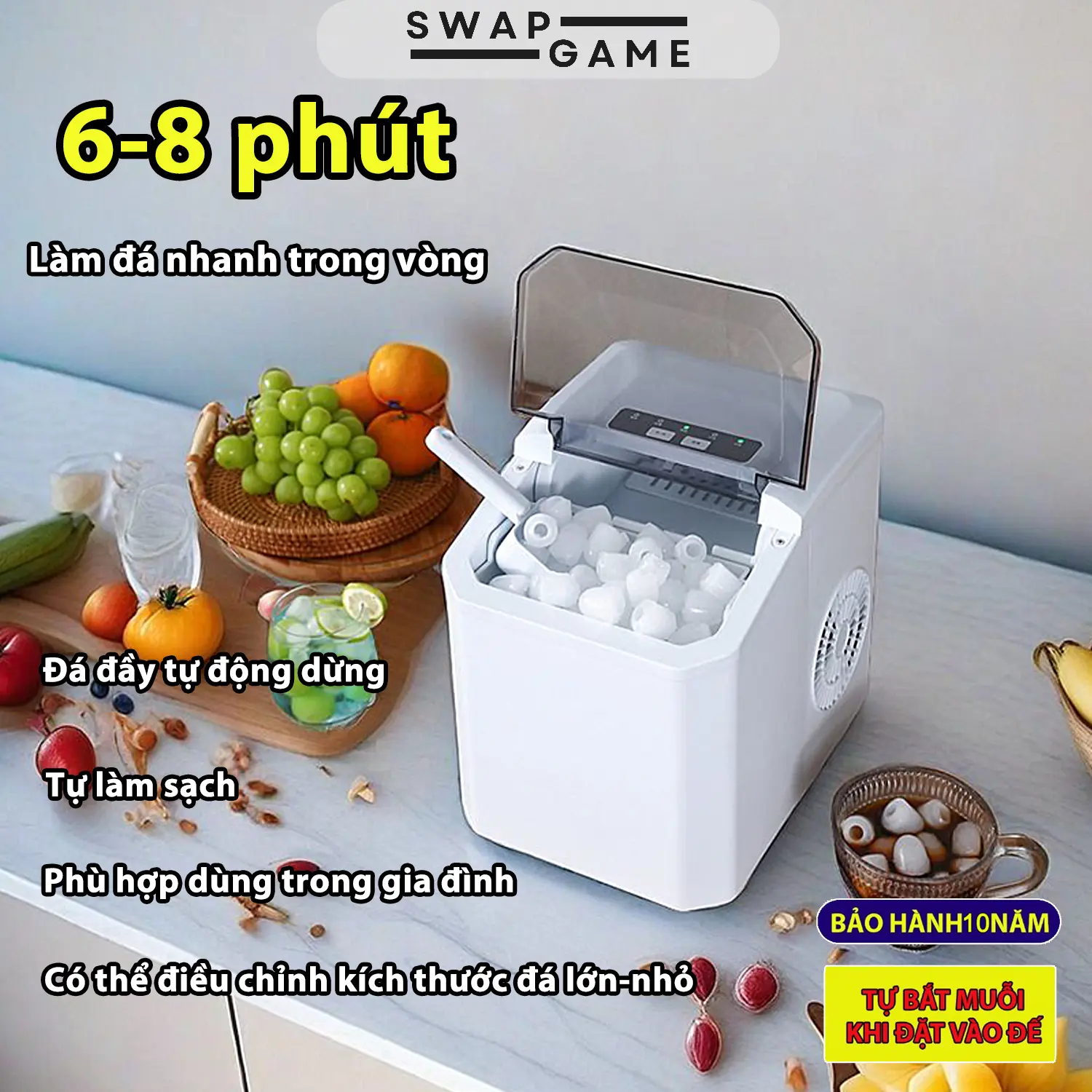 Trắng Máy Làm Đá Tự Động Siêu Tốc Trắng Mini 2.2L Dung Tích Lớn Cho Quán Ăn Quán Cafe Văn Phòng