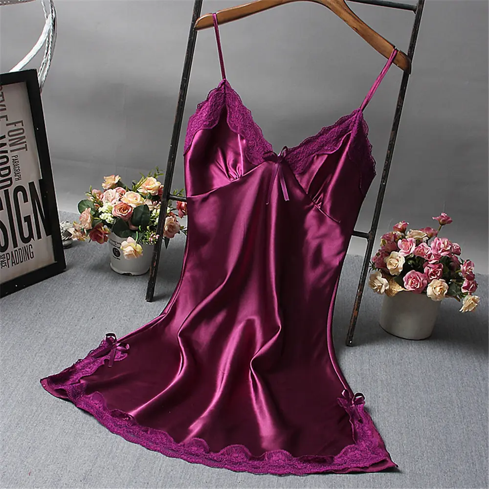 Women Elegant Nightdress Lace Satin Soft Silky Glossy Lingerie Comfortable Thin Sleepwear Ladies Breathable Sling Sleepshirts