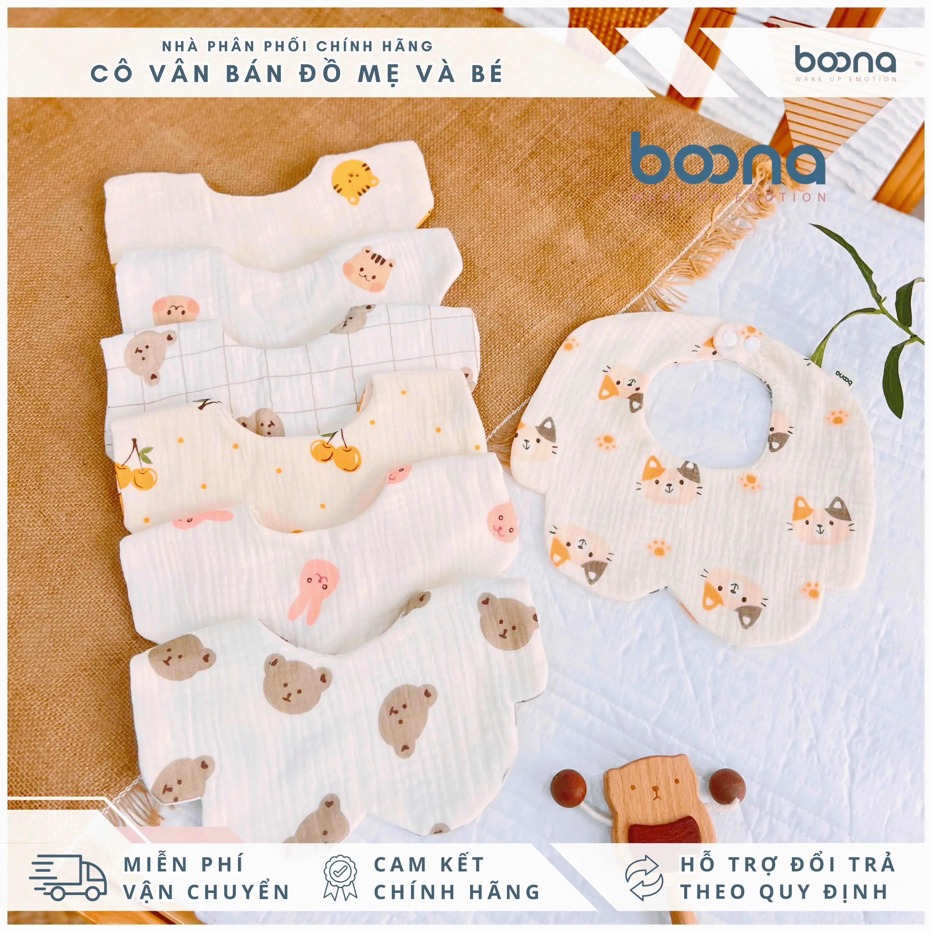 Yếm cổ xô Muslin Boona cao cấp cho bé gái, bé trai hình tròn hoa, tam giác nhiều hoạ tiết