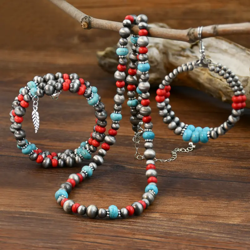 Retro Bohemian red turquoise beaded national necklace earrings bracelet set of three. delicate gift 1