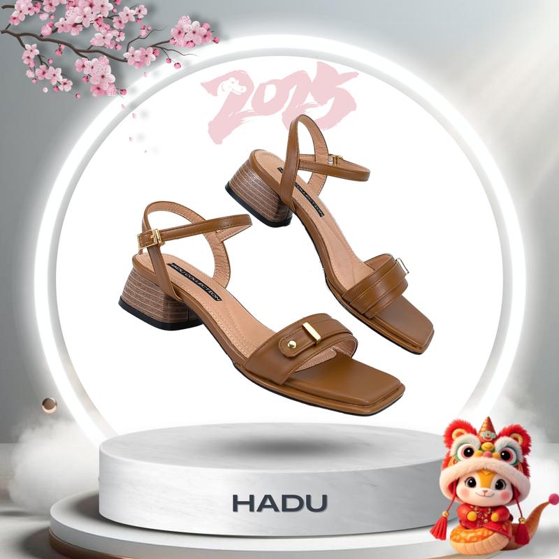 Giày Sandal 3P Gót Vuông Vân Gỗ Quai Ngang HADU M348 Lót Mút Êm Ái Chất Da Cao Cấp BH 24T   DéP Cao Su Nữ Nhung Jean