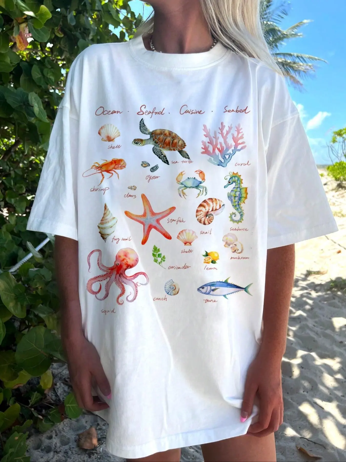 Women's Cartoon Marine Life Graphic Print Round Neck Tee, Fashion Casual Drop Shoulder Short Sleeve T-shirt, Ladies Summer Clothes for Daily Wear