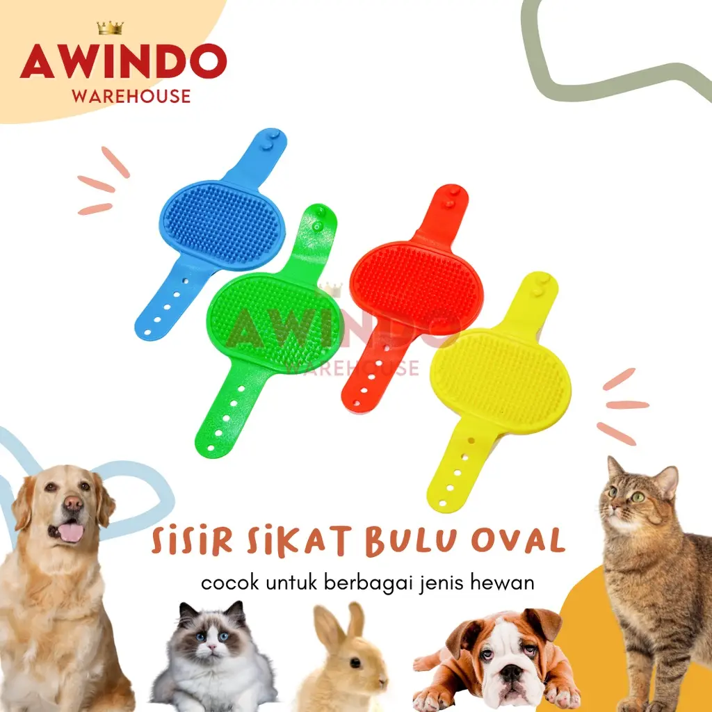 ALFAMEGA SISIR OVAL - Sisir Karet Mandi Pijat Bulu Kucing Anjing Kelinci Sisir Sikat Hewan Pet Grooming