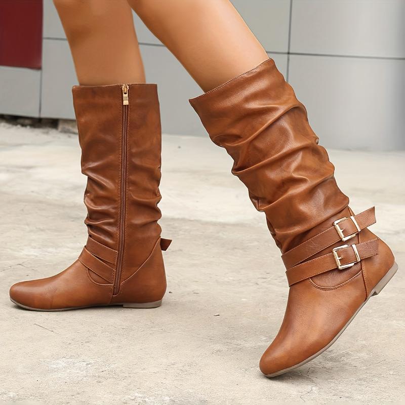 Strip Buckle Side Zipper Casual Boots, Round Toe Comfortable All-match Women's Fashion Boots For Autumn And Winter 7