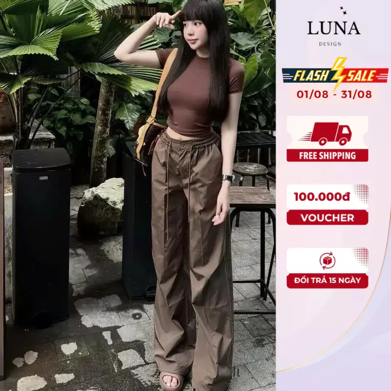 Set Đồ Hot Girl Dạo Phố Luna Design Áo Croptop Ôm Body Phối Quần Gió Kaki Dáng Suông Có Dây Rút Đi Chơi Sang Chảnh