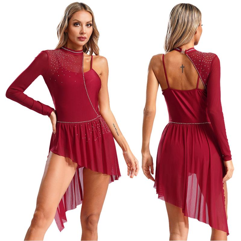 dPois Women Single Long Sleeve Lyrical Dance Costume Irregular Skirt Leotard Modern Contemporary Dress 2