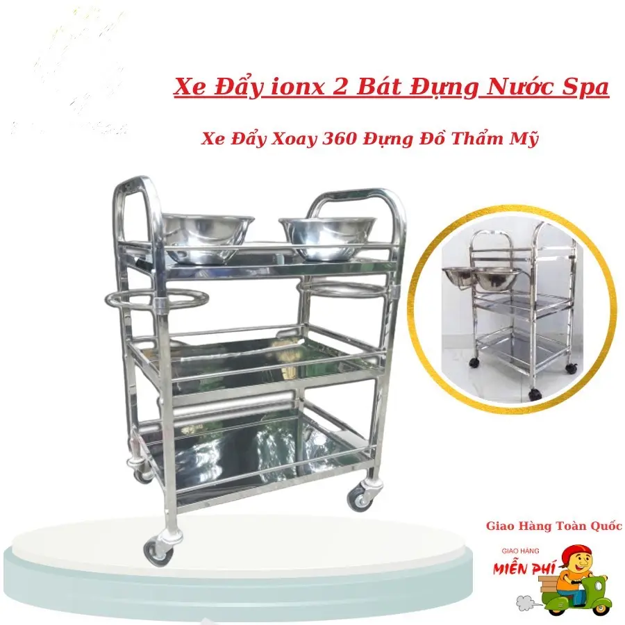 ￼Xe Đẩy inox 3 Tầng Kèm 2 Bát inox | Xoay 360 Độ Dành Cho Spa Thẩm Mỹ