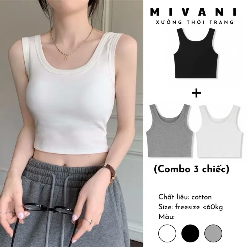 (Combo 3 chiếc) Áo Croptop 3 Lỗ Sát Nách Body Nữ MIVANI Vải Thun Mềm Mịn Co Giãn, Áo Thun Ba Lỗ Nữ Mùa Hè Form Croptop Ôm Body Sát Nách