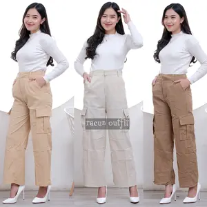 391id Celana Cargo Highwaist Loose Linen Crinkle / Clana Cargo Wanita / Kulot Kargo Haighwaist Wanita Panjang