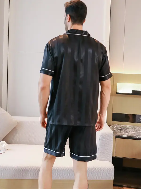 Three-Piece Set Men's All Over Print Button Front Pyjamas Set, Casual Pocket Shirt & Elastic Waist Pants & Contrast Binding Shorts, Men's Sleepwear Set for Summer 4
