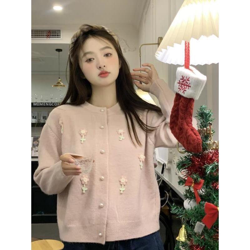 Áo Khoác Len Lông Thỏ Đính Hoa Dễ Thương Cổ Tròn Cúc Ngọc Phong Các Hàn Quốc Mặc Giữ Ấm Mùa Đông Nữ Women treding