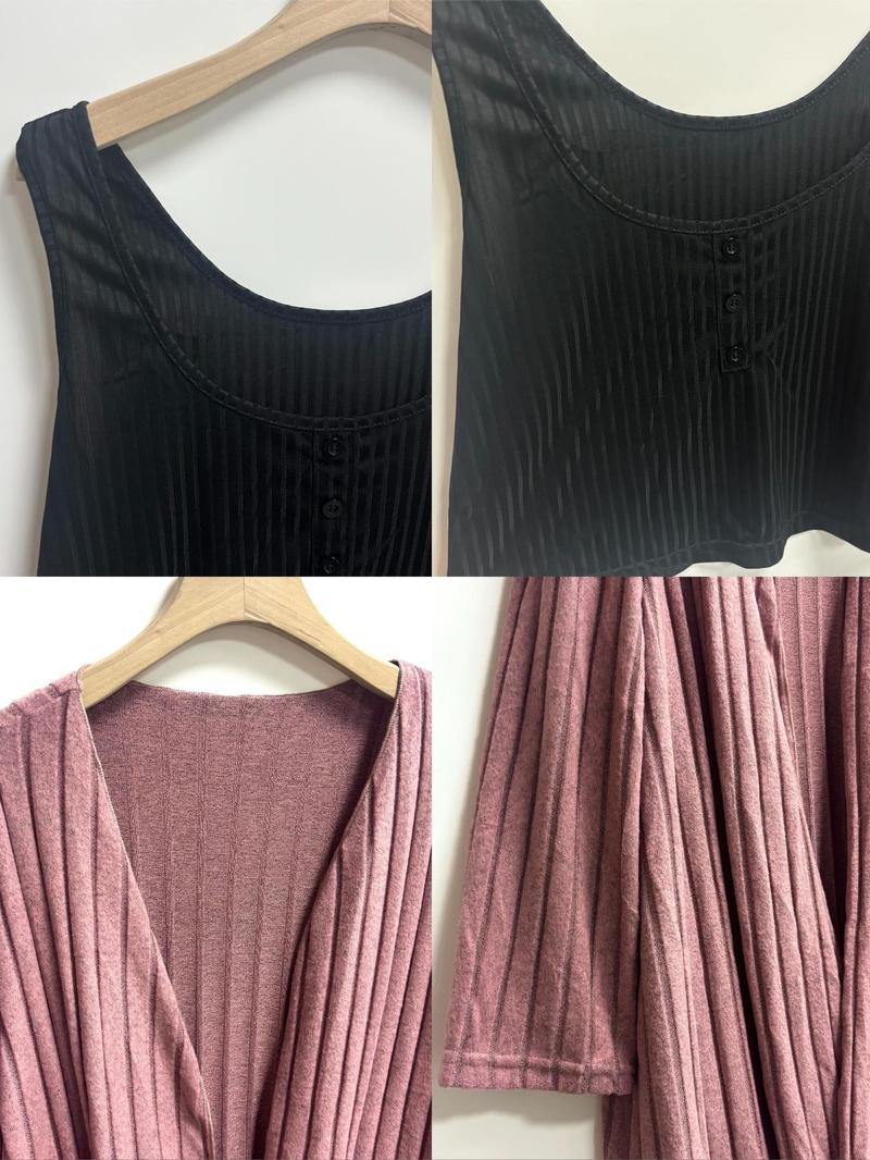 Product Introduction of 【Plus Size】 Solid Crop Top & Wide Leg Pants & Open Front Long Sleeve Outwear Loungewear Three-piece Set, Casual Comfy Pyjama Set for Women, Women's Sleepwear for All Seasons 7