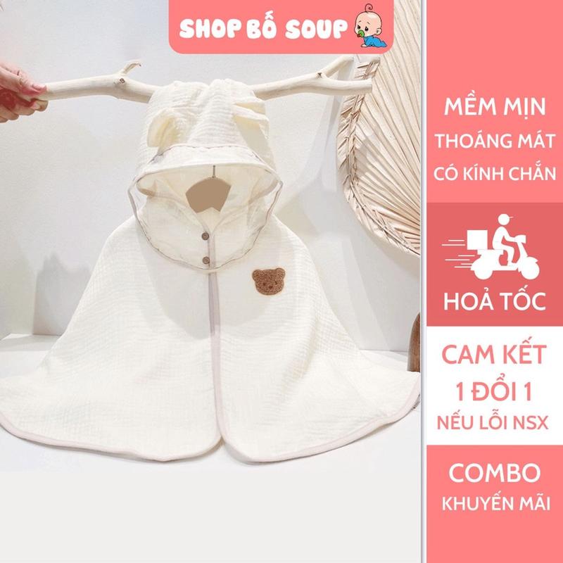 Áo choàng xô muslin cotton  tránh gió, tránh nắng kèm mũ chắn giọt bắn mềm mại cho bé