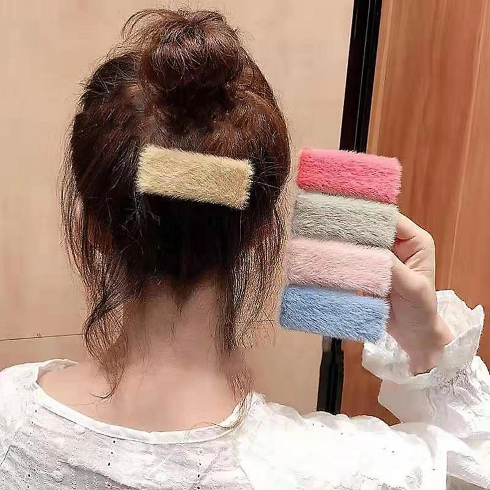 Women's Hair Clip, Solid Color Water Drop/Square/Oval/Triangle Shape Plush Barrette Hair Accessory