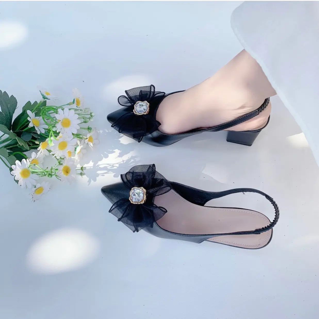 B50-( ĐẾ CAO SU) Giày Cao Gót Mũi Nhọn phối Nơ Nữ Shoes DéP