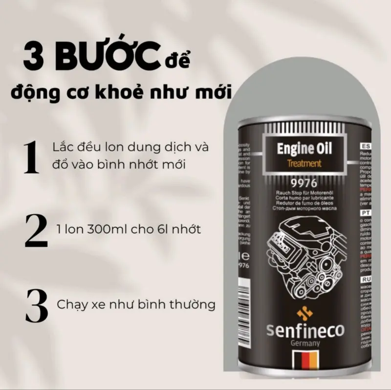 ( Tặng áo thun khi mua 2 chai) Phụ gia nhớt bảo vệ động cơ Senfineco 9976 Engine Oil Stop Smoke dung tích 300ml 5