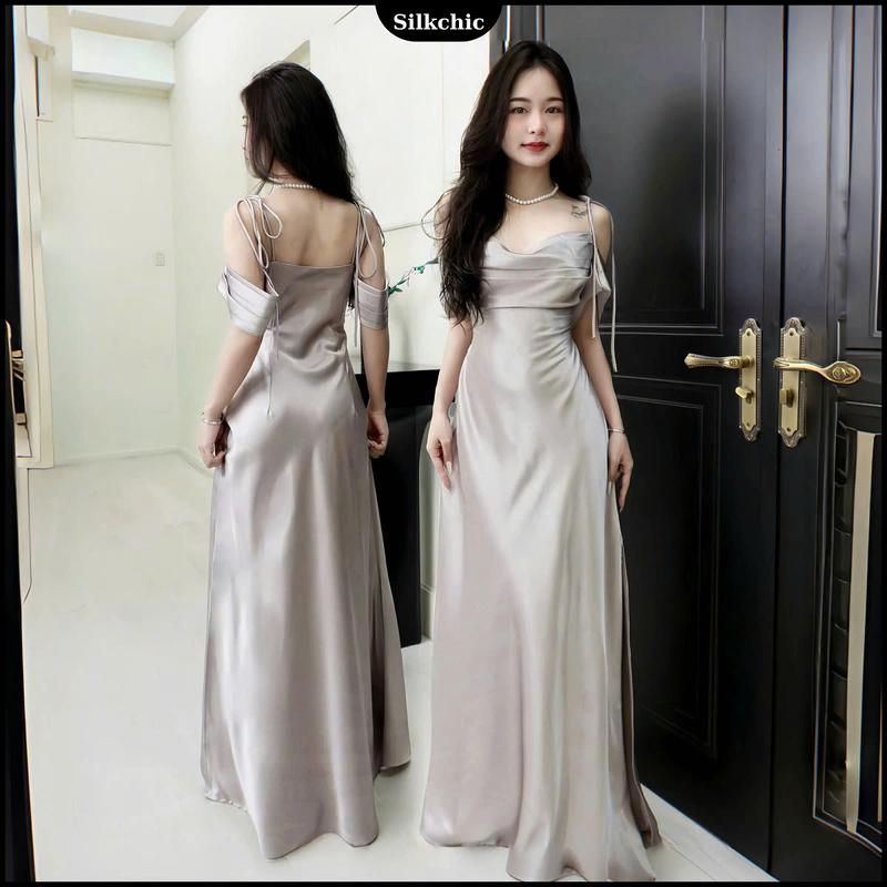 Đầm Lụa Dự Tiệc Dáng Dài Trễ Vai Xếp Li - SilkChic 636 Váy Lụa Cột Dây Mềm Mịn Nữ Women Dress Tre Đen