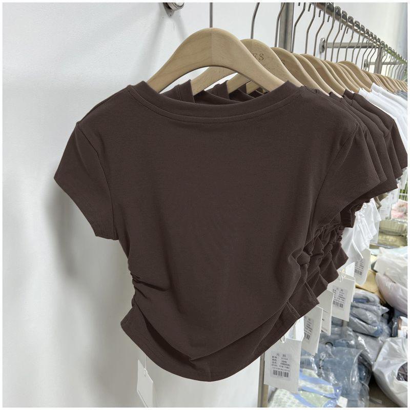 Product Introduction of เสื้อยืดรัดรูปผู้หญิงสาวอวบเสื้อครอปแต่งย่นข้าง  เสื้อยืดผู้หญิง คอกลมแขนสั้น สีทึบ แฟชั่น  คุณผู้หญิง  เสื้อยืด  เสื้อผ้า Women Clothing เสื้อ  ยืด 7