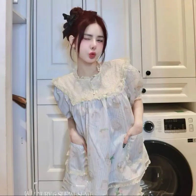 Đồ mặc nhà nữ cổ tàu ren tiểu thư nhẹ nhàng, vải thô mềm thoáng mát, hoạ tiết cừu dễ thương
