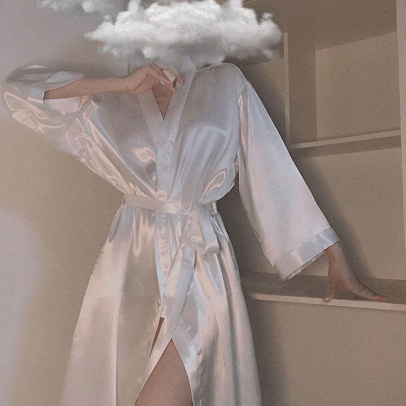 Product Introduction of Bathrobe Women's Summer Thin Ice Silk Robe New Style White Silk Fashion Pajamas Japanese Kimono Spring and Autumn Womenswear Gowns 6