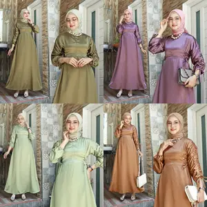 Basika Dress Satin Silk Busui Friendly Gamis Satin Velvet Lengan Serut Tali Pinggang