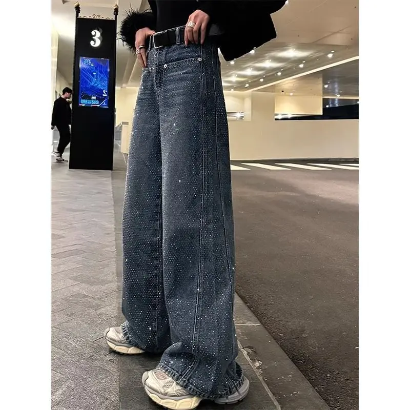 American retro heavy industry rhinestone straight jeans women spring and autumn high street design sense high waist loose slim wide-leg pants