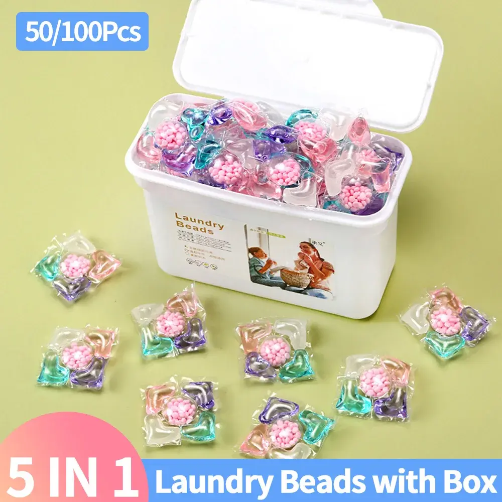 50Pcs Laundry Detergent Soap Box 5 in 1 Multi-purpose Strong Detergent Laundry Cleaning Washing Capsules for Home Dormitory
