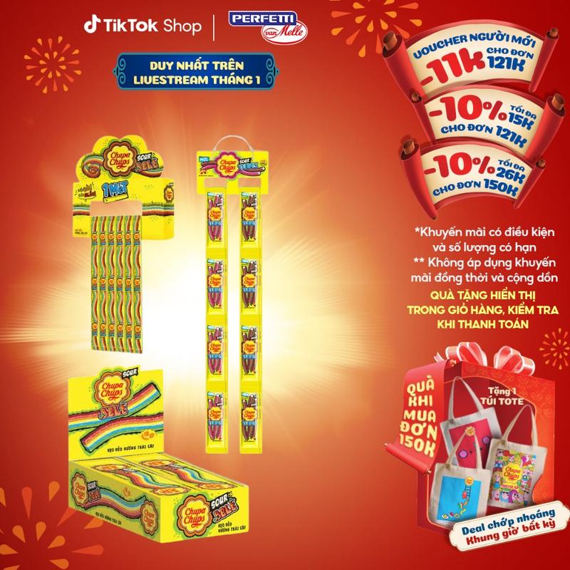  Kẹo dẻo vị chua Chupa Chups hương trái cây hỗn hợp và kẹo dẻo vị chua hình ống hương Dâu Cola 