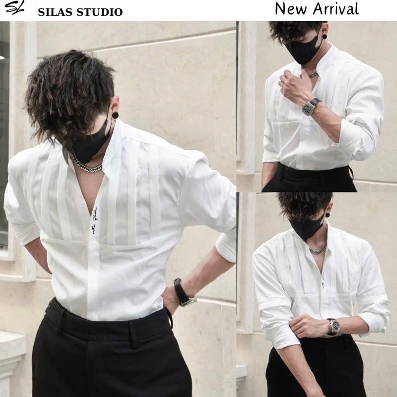 (Form Tôn Vai) Áo Sơ mi SILAS Cổ Trụ có Tag Cài Thêu Ngực Xếp Ly Cotton Chéo Form Rộng Tôn Vai