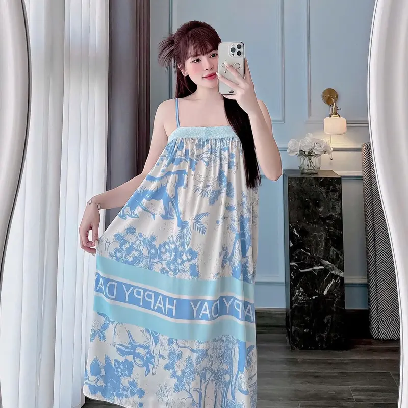 (TẶNG QUẦN)Đầm Ngủ 2 Dây Phối Ren Lụa Latin Tơ Tằm Size 40kg Đến 65kg 5