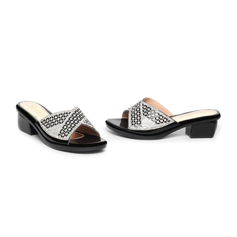 Dép Nữ Đế PU Đen Siêu Nhẹ Cao 5cm Hanatabi Quai Ngang Đính Đá Bigsize (35-42) Mã HNDE5F1110 3