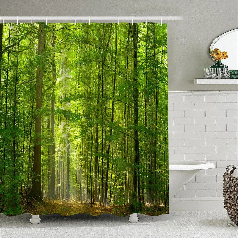 Forest Pattern Shower Curtain, Waterproof Bathroom Curtain, Bathroom Decor Supplies, Home Supplies, Bathroom Accessories 4