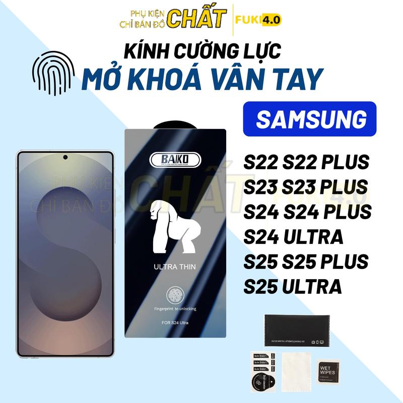 Kính cường lực trong suốt hỗ trợ mở khóa vân tay Baiko cho điện thoại Samsung S25 Ultra s25 plus s25 S24 Ultra s24 s24 plus S23 S23 plus S22 S22 plus Phụ Kiện