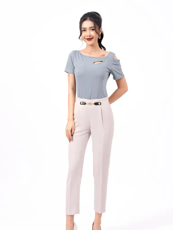 FIONA Quần beggi cạp liền phối đai trang trí F350775 Nữ Ong Voi 1