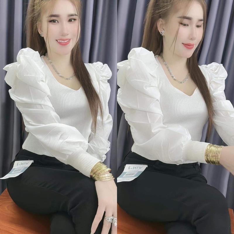 Áo kiểu Đi tiệc tay dài cổ tim vải thun tăm lạnh tay phồng phối quần chân váy đều đẹp dễ mang sang trọng xinh