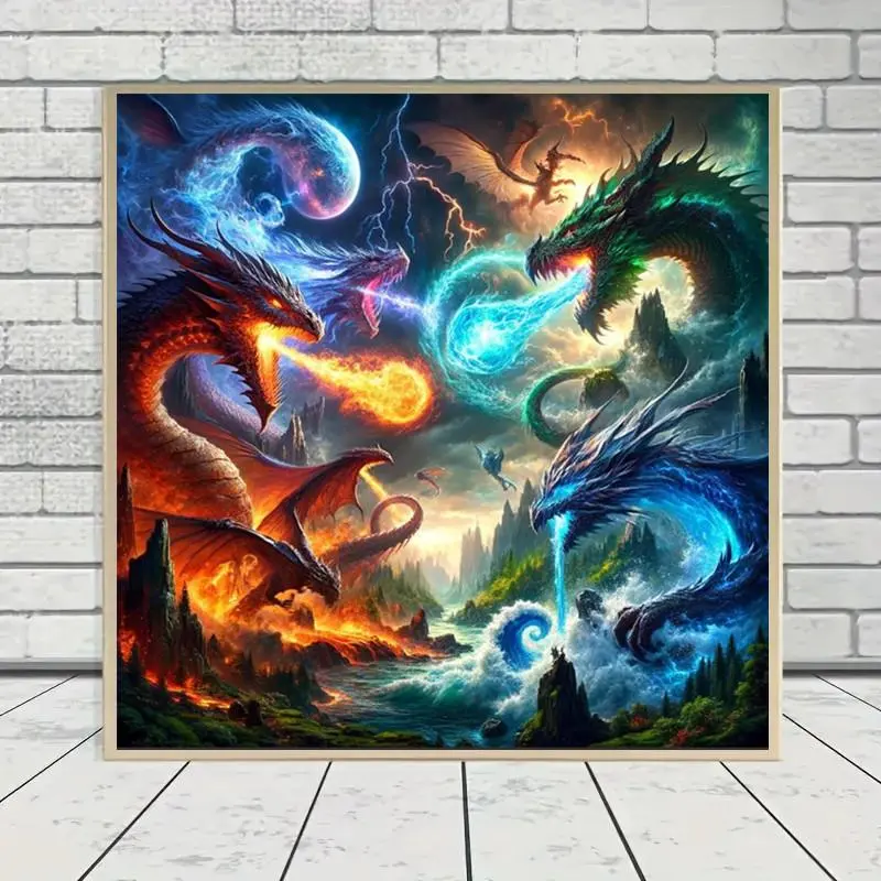 Dragon Pattern DIY Diamond Arts Colorful Painting Kit without Frame, 5D Diamond Arts Crafts Kit, Wall Art Decor for Home Living Room Bedroom