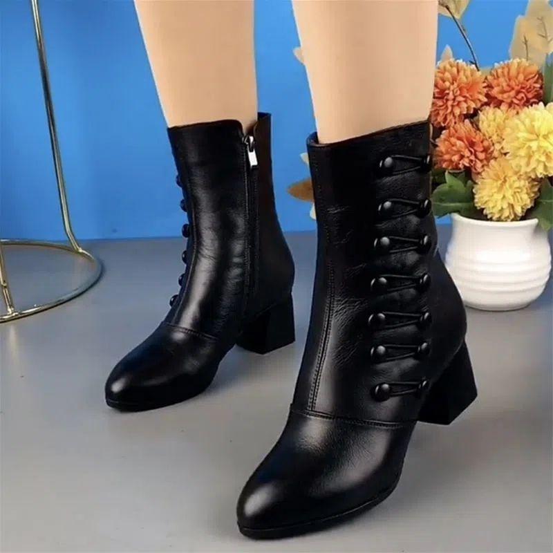 Bốt Ngắn, Da Thật, Dành Cho Nữ, Hàng Mới Về, Gót Trung Bình Cao Đến Giữa Bắp Chân, Giày Bông, Thời Trang, Đế Mềm, Thích Hợp Cho Khiêu Vũ Và Trang Phục Thường Ngày, Giày Da Nữ Shoes Boot 1