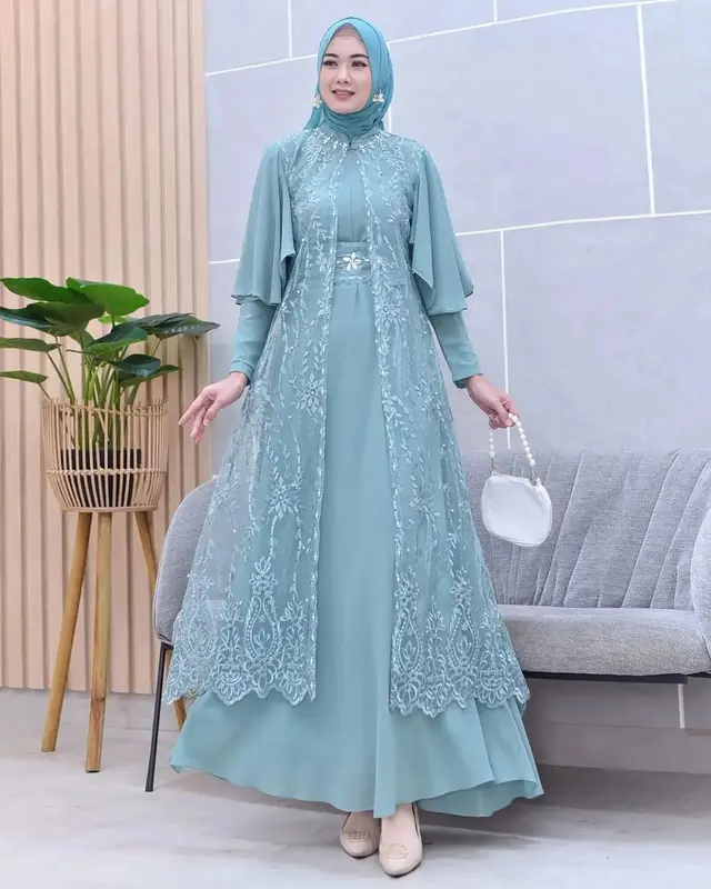 Clarissa Dress Inner + Outher Brukat Premium Free Belt / Gamis Brukat Aplikasi Mutiara Busui Friendly / Gamis Kondangan Lebaran Mewah Elegant Simple By AM Ceruty Muslim 5