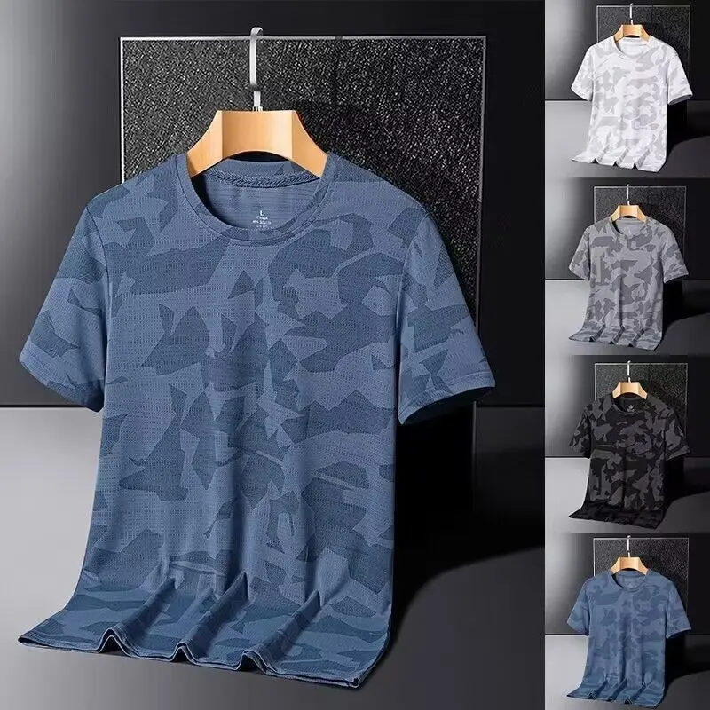 New Summer Thin Camouflage Ice Silk Short Sleeve T-shirt Men's plus Size Loose All-Match Quick-Drying Breathable T-shirt Boys Clothes Menswear Top