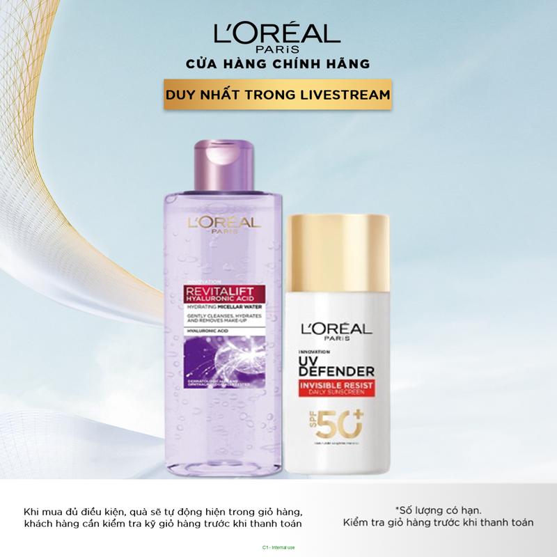 [Exclusive] Combo Nước tẩy trang cấp ẩm L'Oréal Paris Pure Revitalift Hyaluronic Acid 1.5% 400ml và Kem chống nắng L’Oreal Paris UV Defender Serum 50ml SPF 50++ Skincare Son