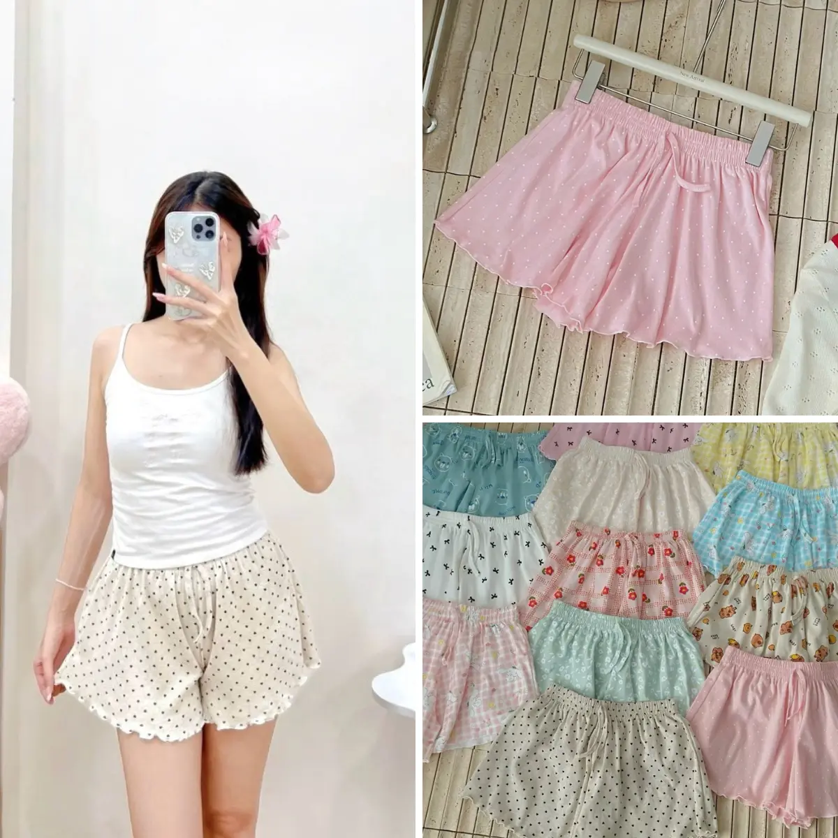 Quần đùi nữ chất thun dáng xòe họa tiết dễ thương. Quần ngủ nữ mặc nhà - LAEM.SG