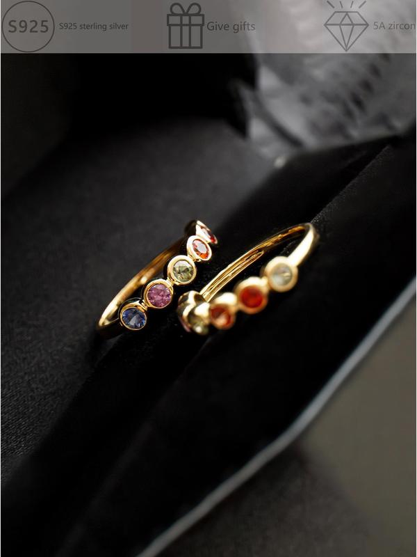 925 Sterling Silver Colorful Artificial Zircon Decorated Ring, Fashion Jewelry Accessories for Women & Girls, Trendy All-match & Exquisite Jewelry for Birthday Gift 3