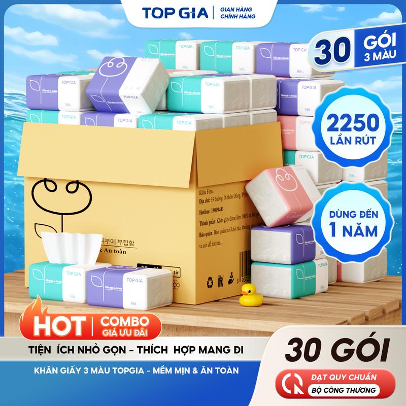 (GIẤY LỤA - BẢN CẢI TIẾN) Thùng 30 Gói Giấy Ăn Rút Cao Cấp TopGia 4 Lớp Mềm Mịn, Siêu Dai Vệ Sinh Khăn Lau Giấy Vệ Sinh 3 Màu Giấy Rút F0100 - Đạt Chuẩn Bộ Công Thương