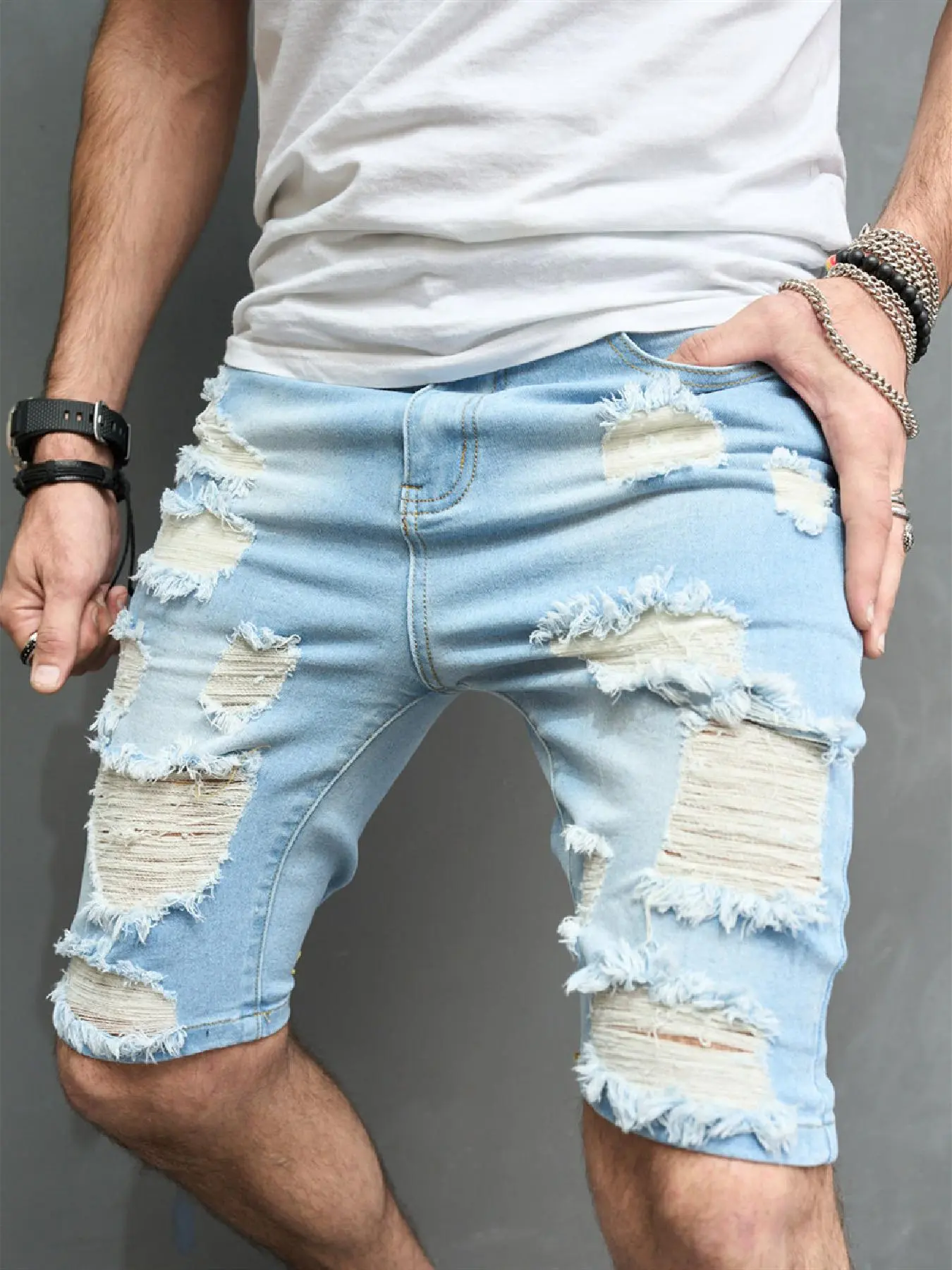 Men's Regular Fit Solid Color Ripped Denim Shorts, Casual Comfy Distressed Jeans Shorts for Summer, Fashion Men's Bottoms for Daily Wear, Cotton