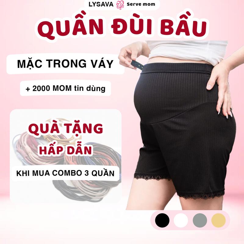 Quần đùi bầu mặt trong váy Lysava chất lụa tăm viền ren mềm mát có chun điều chỉnh mặc với váy bầu đầm bầu đi chơi đi khám QD2
