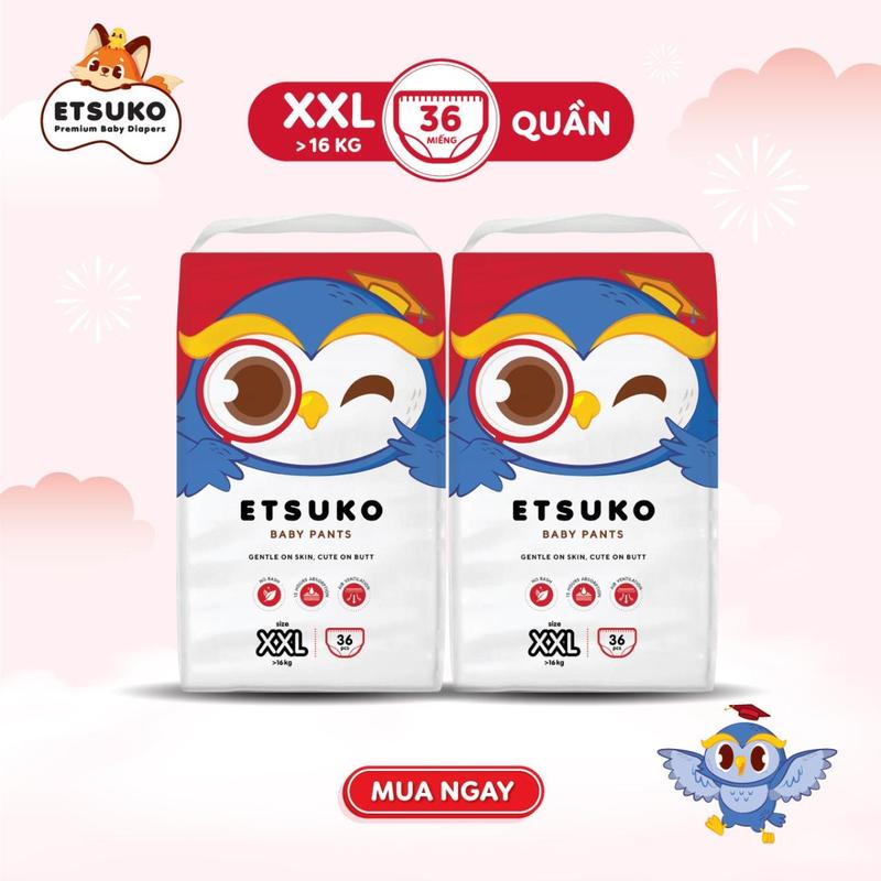 Combo 2 Bịch Tã/Bỉm Quần ETSUKO Size XXL 36 Miếng Đai Chun Mềm Mại, Thấm Hút Hiệu Quả, Chống Tràn Cho Bé Thoải Mái Vận Động