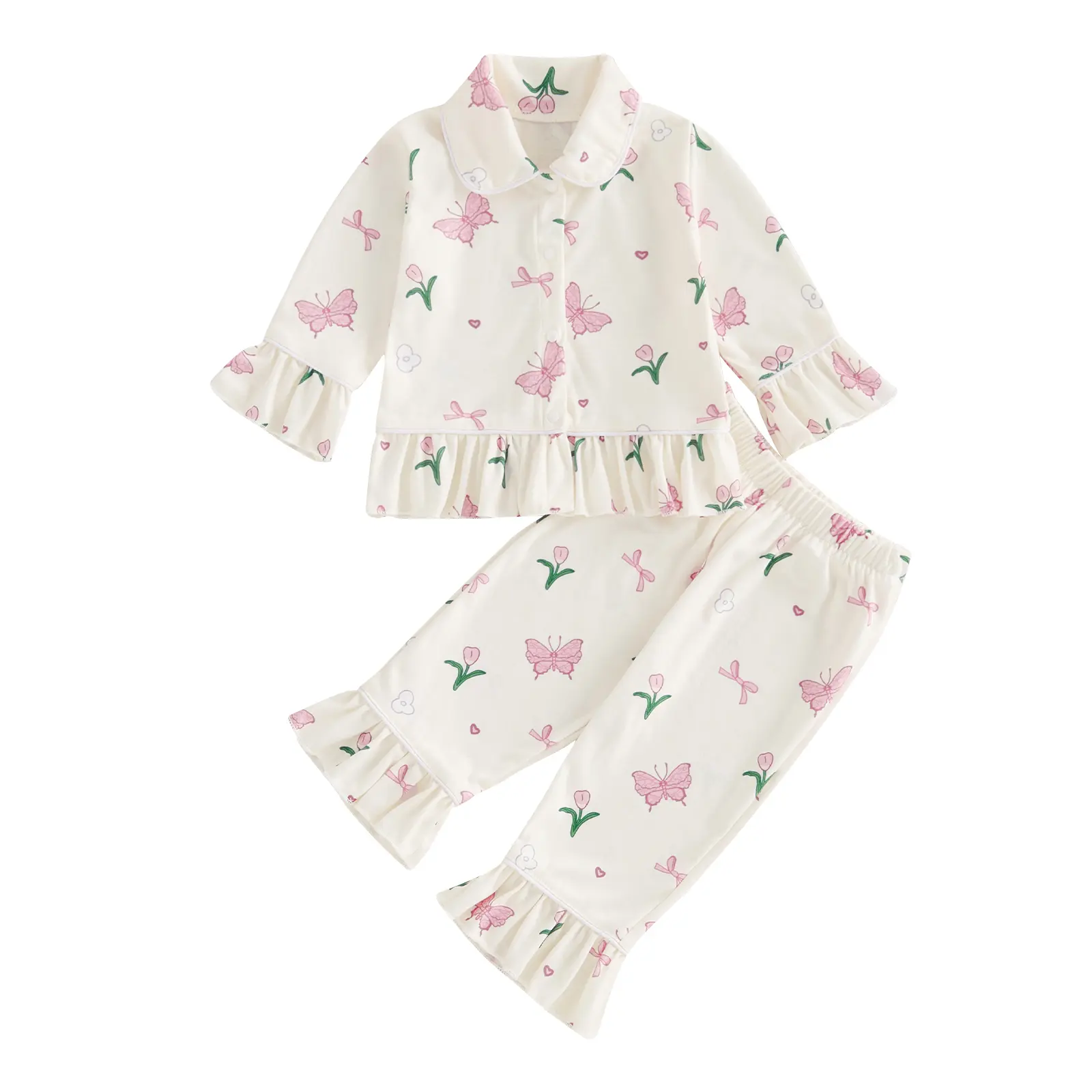 Baby Girl 2Pcs Pajama Set Strawberry/Butterfly Print Long Sleeve Tops + Pants Set Toddler Loungewear For Baby