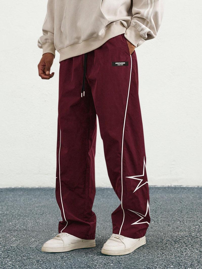 Product Introduction of Men's Loose Star Print Drawstring Waist Wide Leg Pants, Casual Pocket Trousers for Daily Wear, Woven Bottoms for All Seasons, Striped Trousers 14