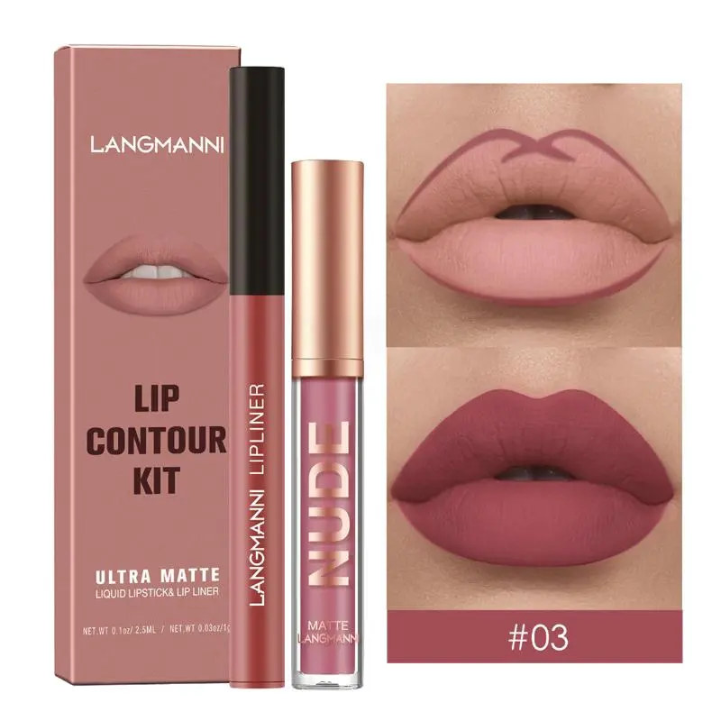 Non-stick Cup Matte Lip Gloss & Lip Liner Makeup Set, 2pcs/set Matte Long Lasting Lipstick, Easy Coloring Lip Liner, Moisturizing Lip Kit, Lip Makeup Kit